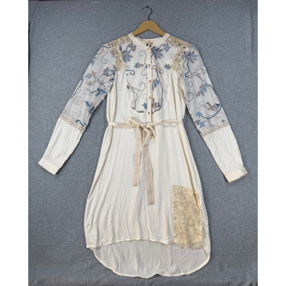 Anthropologie TINY XS Shirt Dress Boho Embroidered Lace Rayon High Low